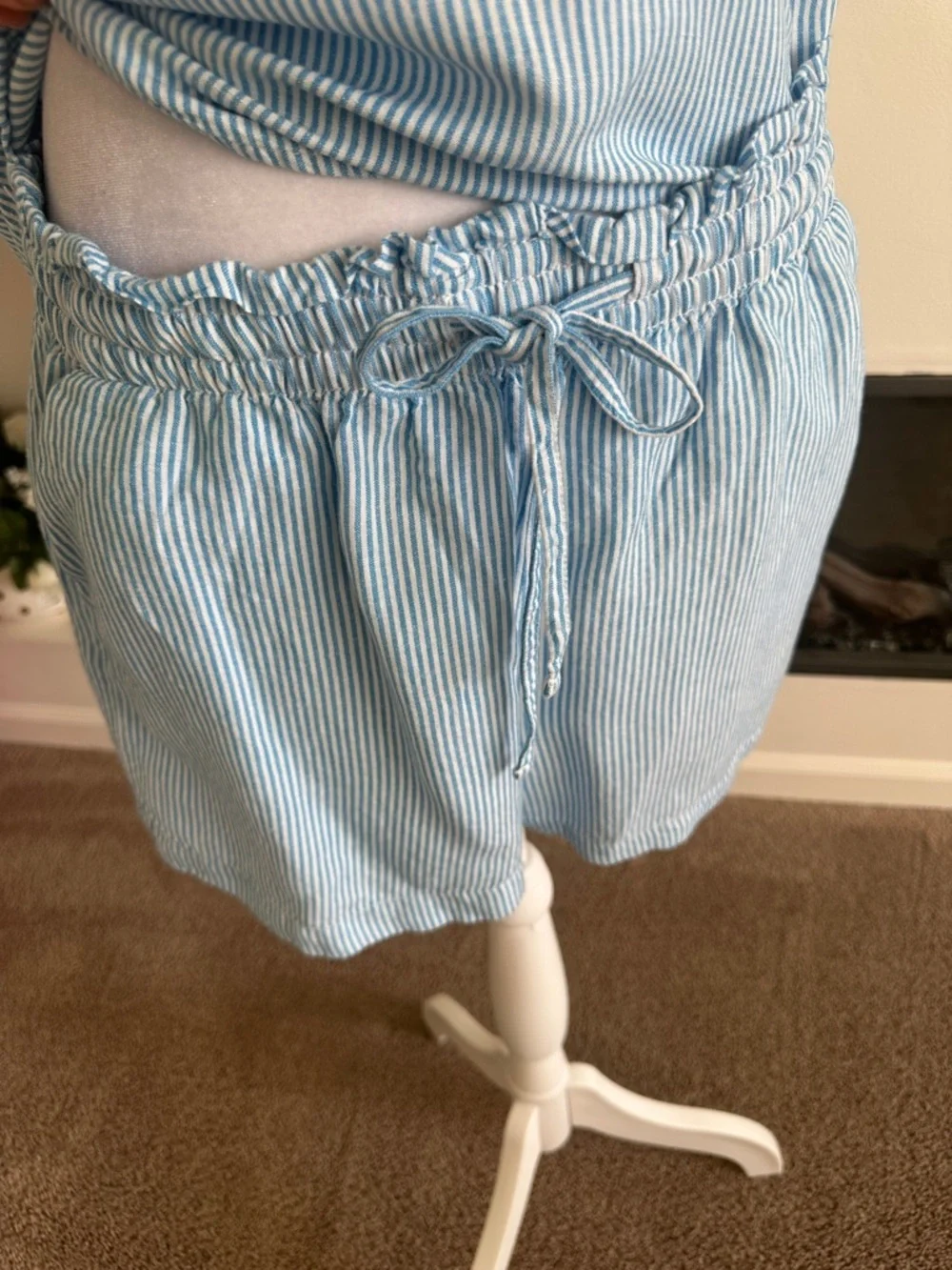 LOFT Light Blue & White Striped One-Shoulder set blouse and short